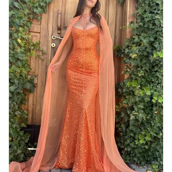 LAIDITYA אופנה שמלה לנשף נצנצים אלגנטיים הברדס הצוואר ספגטי בתולת ים שמלות עם הגלימה שיק באורך רצפת ערב שמלת מסיבת
