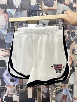 אמריקן וינטג ' דגל רקמה נשים מכנסיים קצרים בקיץ אלסטיות גבוהה המותניים Sweatshorts אופנת רחוב Y2k כותנה ספורט מכנסיים קצרים