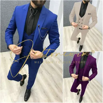2023 מזדמן 3 חתיכה כחול רויאל חליפות גברים לשיא דש בהזמנה אישית חתונה חליפות Slim Fit זכר חליפות (ז ' קט+מכנסיים+אפוד+עניבה)