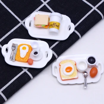 1Set 1:12 בית בובות מיניאטורי טוסט לחם קפה הביצה במזלג כף עם צלחת האוכל במטבח ארוחת בוקר מודל תפאורה צעצוע