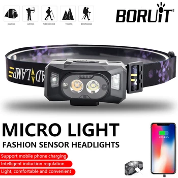 BORUiT LED חיישן קדמי 6 מצבי אור פנס מובנה 18650 סוללה נטענת USB הפנס עמיד למים אור חירום