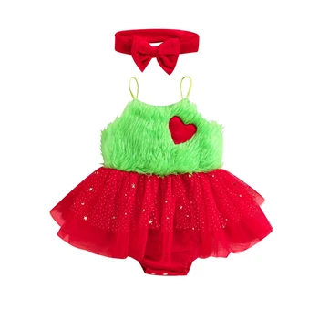 תינוקת לתלבושת חג המולד היילוד סנטה קלאוס רומפר שמלת חג המולד צמר שמלת נסיכה עם סרט תלבושות