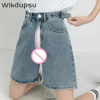 מכנסי ג 'ינס נשים בלתי נראה רוכסן פתח מפשעה סקס מכנסיים בגדים רחבים Y2K אופנה ישר בציר אופנת רחוב ג' ינס נשי