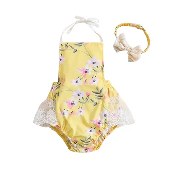 תינוקת תלבושות קיץ ללא שרוולים מחוך פרחוני הדפסה הוללות עם סרט 2Pcs סט בגדים