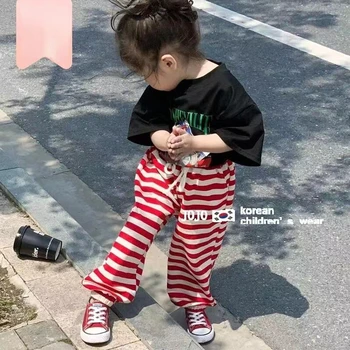 בגדי ילדים ילדה קוריאנית סגנון סטים T-חולצה, מכנסיים ארוכים עם פסים מותק של אופנה רחוב די כותנה נוח