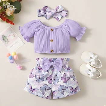 0-2 בן יומו ילדה תינוק בקיץ סביב צוואר קצר שרוול כפתור קצר טופ עם הדפס פרחוני מכנסי חמוד סט 4 צבעים