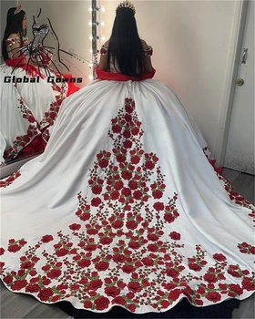 מקסיקני ורדים אדומים רקמה הטקס שמלות עם קשת תחרה למעלה שמלת נשף שמלות יום הולדת את הכתף 16