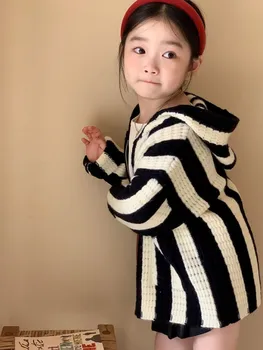 2023 קוריאנית ילדים, ללבוש סתיו בנות סוודר שחור לבן פסים אנכיים של ילדים עם ברדס רוכסן סוודר