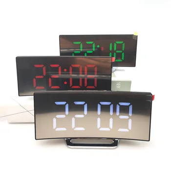 LED דיגיטלי שעון מעורר מסך מעוקל מראה שולחן שעון אלקטרוני שולחן העבודה פונקציה הנודניקית שעון מעורר חדר שינה קישוט הבית