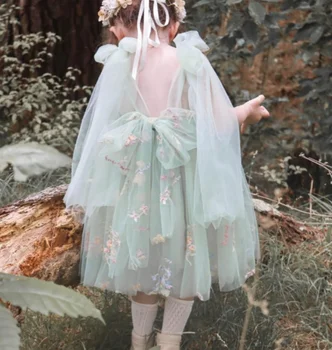הקמעונאי החדש בייבי בנות קיץ פיות רקמה חזרה קשת פרח שמלת נסיכה ילדים אלגנטי יום הולדת שמלות חג 1-8 T