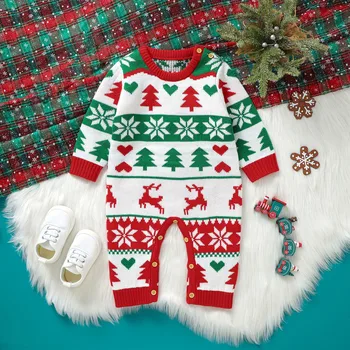 חג המולד Rompers תינוק בייבי בנים בנות חג המולד לסרוג רומפר סוודר סנטה שרוול ארוך בגד גוף חם בגדי חורף 2023가을아기옷