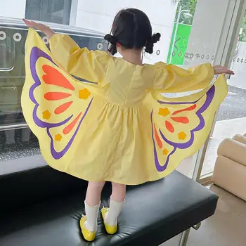 2023 ילדה אביב סתיו שמלה מודפסת פרפר כנף ילדים ילדים יום הולדת נסיכה שמלות Vestidos