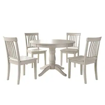 5 חתיכות עץ האוכל מוכן, סביב שולחן ו-4 כיסאות שוב, לבן