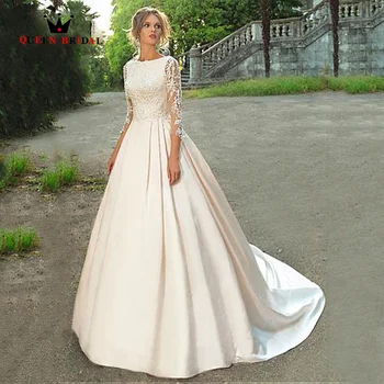 אלגנטי סאטן חתונה שמלה קו A סקופ מחשוף ארוך שרוול תחרה, אפליקציות שמלת הכלה עם חרוזים נסיכת שמלות כלה