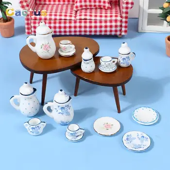 מיניאטורי אוכל לשחק דגם כיס קרמיקה כוס תה סט כלי שולחן מטבח, קומקום DIY, צעצועים בובות אביזרים בקנה מידה של 1:12