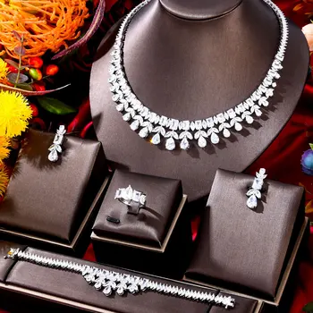 GODKI HIPHOP פאנק 4PCS קר בחוץ מיאמי קישור שרשרת תכשיטים הודיים להגדיר עבור נשים, מסיבת חתונה מעוקב זירקון דובאי כלה השרשרת