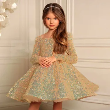 רשמית השושבינות פאייטים 1 שנה ילדה שמלת יום ההולדת אלגנטי ורך קשת מסיבת חתונה נסיכה שמלות טבילה תחפושות