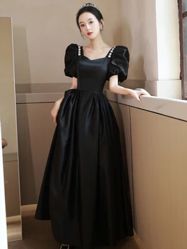 סאטן שחור ארוך שמלות ערב אלגנטי פאף שרוול חזרה התחבושת סלים קו ביצועים השמלה נשים טמפרמנט שמלת סיום הלימודים.