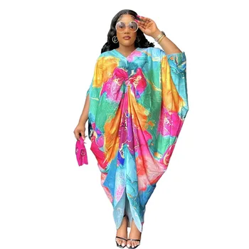 אפריקה להדפיס שמלות לנשים סתיו אלגנטי אפריקה V-3/4 שרוול בתוספת גודל ארוכה שמלת מקסי אפריקה גלימות אפריקה בגדים