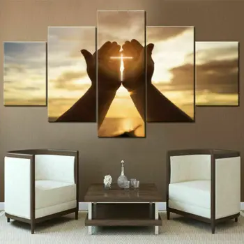 ישו על הצלב, ידיים תפילה השקיעה Regious הדפסי בד ציור קיר אמנות עיצוב פנל 5 תמונות ציורים HD הדפסת פוסטר