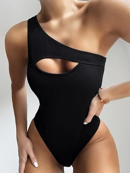 הרכש החדש מרופדים חוף סקסי בגד ים נשי בגדי ים נשים Monokini כתף אחת חלול החוצה שחור חתיכה אחת
