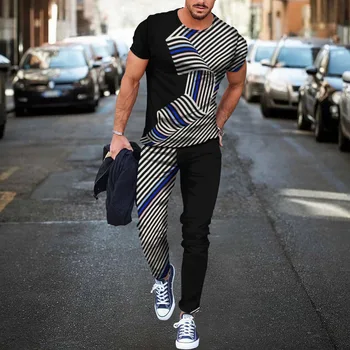הקיץ אדידס חולצת להגדיר גברים אופנה פסים שרוול קצר חולצת טי המכנסיים 2 חתיכה הדפסת 3D ריצה תלבושות מנופחים חליפת ספורט