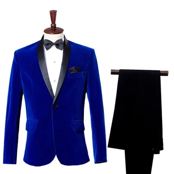 כחול רויאל גברים החליפה את הצעיף השחור דש אחת עם חזה Terno קטיפה נשף רשמית שני חלקים ג ' קט מכנסיים החתונה תחפושת Slim Fit