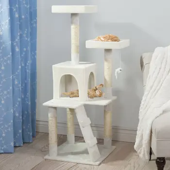 4-Tier חתול מגדל - עץ עם מנמנם מוטות, חתול הדירה, סולם, 5 סיסל חבל מגרד הודעות, תלוי צעצוע מקורה חתולים