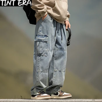 גוון עידן מטען ג ' ינס מכנסי גברים טלאים Oversize רחב רגל סרבל מכנסיים זכר שחור יפני אופנת רחוב היפ הופ בסגנון ספארי