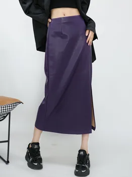 ZHISILAO חדשים עור Pu חצאית לנשים בציר פיצול גבוהה המותניים קו החצאית הארוכה סתיו חורף 2023