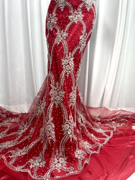 2023High איכות אפריקה הניגרי תחרה בד רקמה טול טהור שמלת מסיבת החתונה Guipure SequinsFor תפירה, חרוזים 5yards