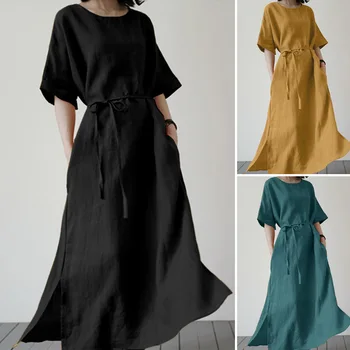 2023 אופנה האביב כותנה פשתן טהור צבע השמלה נשים מוסלמיות חופשי מזדמן טמפרמנט אלגנטי חצי שרוולים ארוכים Vestidos עיד