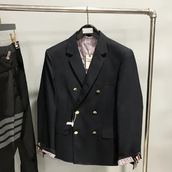 באיכות גבוהה סגנון קוריאני חדש שחפת חליפה כפולה עם חזה אדום, לבן, כחול, גבוהה המותניים קצר פאנטין צמר דק בד החליפה המעיל