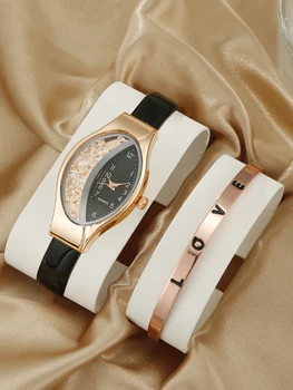 2pcs סט שעון נשים יוקרתי מעור אנלוגי גבירותיי קוורץ שעון יד אופנה צמיד שעונים צמיד סגסוגת