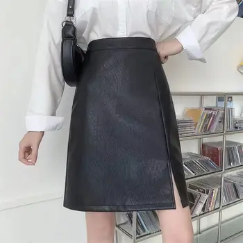 סגנון פשוט נוסעים שחורה עור PU חצאית נשים סתיו חורף חדשה אמצע אורך התיק היפ קו החצאית אנחה המותניים שסע בחצאית