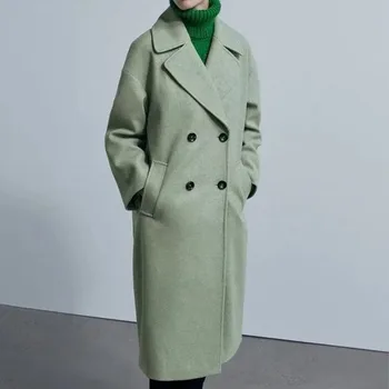 נשים 2023 חורף אפור עבה חיקוי מעיל הצמר עם כפתור רופף ארוך שרוולים כיס נשים מעיל אלגנטי