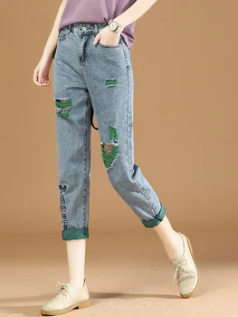 HCXR נשים ג 'ינס 2023 סתיו אמצע המותן כפתורים קרסול-אורך סרבל צפצף סלים ישר נקרע פאטאל מכנסי צ' י