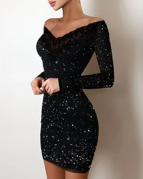 211125#EuropeanBeauty שמלה מגוהצת כסף כתף שקית ירך שמלה שחורה שמלת ערב
