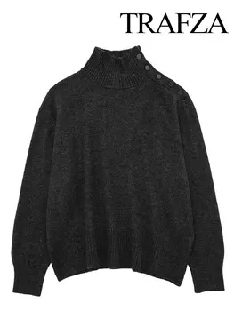 TRAFZA Pullovers לנשים אופנה סרוגה שחור סימטריים מחשוף רפוי מידי סוודרים נקבה מקרית פשוטה בגדי נשים