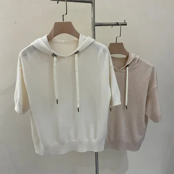 2023 הסתיו החדשה רך 100% קשמיר קפוצ ' ונים אופנה חצי שרוול ברדס שרוך Sweatershirts Elegent מוצק צבע החלק העליון של נשים