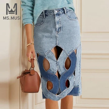 MSMUSI 2023 חדש מעצב אופנה נשים סקסיות ג 'ינס טלאים חלול החוצה חצאית עיפרון Bodycon מסיבת מועדון ג' ין כיס Midi חצאית