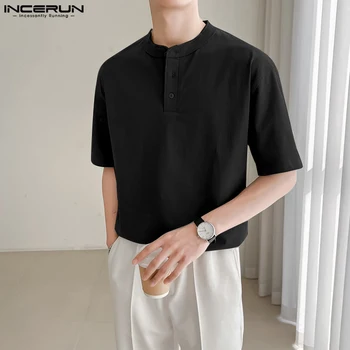 סגנון קוריאני חדש גברים מוצק אופנתי כל-התאמה החולצה מקרית פשוטה עומדת צוואר קצר שרוול חולצות S-5XL INCERUN מקסימום 2023