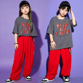 ילדים ביצועים תלבושות היפ הופ בגדים Oversize חולצת טי אדומה מכנסיים רחבים עבור ילדה ילד ג ' אז Kpop ריקוד תלבושת בגדים