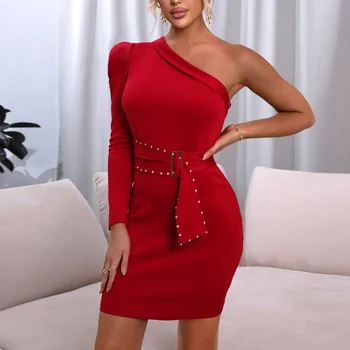2023 קיץ חדש אלגנטי כתף אחת שרוול ארוך שמלה,סלבריטאים מסיבת אדום חזק עטוף היפ חצאית קצרה לנשים