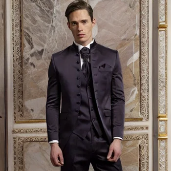 חליפת חתונה עבור גברים עם מעמד הצווארון 3 חתיכה רשמית טוקסידו תחפושת Homme, Mariage 2023 האופנה הגברי (ז ' קט + אפוד + מכנסיים)
