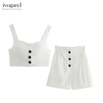 Ivogarel מחשוף מתוק קצוץ הז ' קט עם Paperbag מכנסי ברמודה החמוס שיק שני חלקים להגדיר עבור נשים אופנה קיץ