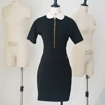 איכות גבוהה המסלול השחור סלים שמלות מיני נשים אופנה באיכות גבוהה שרוול קצר צווארון פיטר פן כוח אלסטי, השמלה 2023 הקיץ