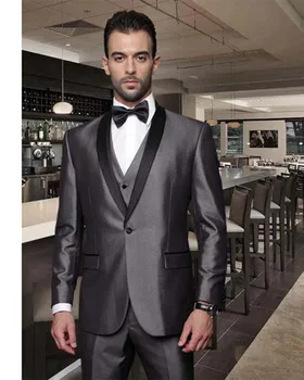 נוצץ סאטן אפור השושבינים האיש הטוב ביותר בחתונה חגיגית בחליפות טוקסידו תחפושת סריג שחור דש חליפות גברים(ז ' קט+מכנסיים+עניבה+אפוד)