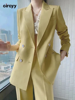Circyy חליפה לנשים המשרד ללבוש 2023 אופנה קוריאנית צהוב שרוול ארוך כפול עם חזה בלייזר מעיל + קו מותן גבוה הזיקוק שאיפה