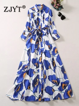 ZJYT מסלול סתיו ארוך שרוול שמלת מקסי לנשים 2023 אלגנטי כחול הדפסה אחת עם חזה נופש מזדמן Vestidos תחרה